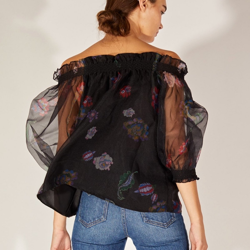 CYNTHIA ROWLEY 🏷️NWT Black Floral Organza Shoulder Strapless Sleeve Blouse S